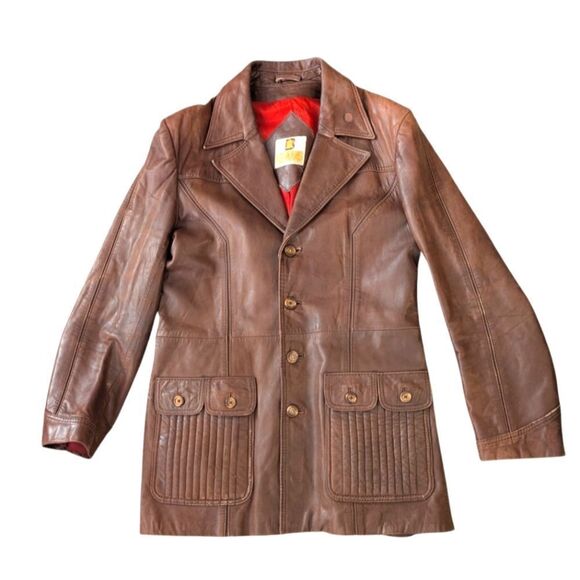 Berman's‎ 70s mens vintage brown leather trench coat jacket - Picture 1 of 16